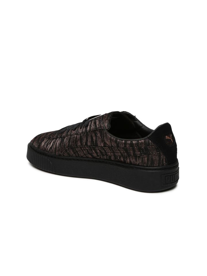 Puma Women Black Copper Toned Basket Platform VR Woven Design Sneakers