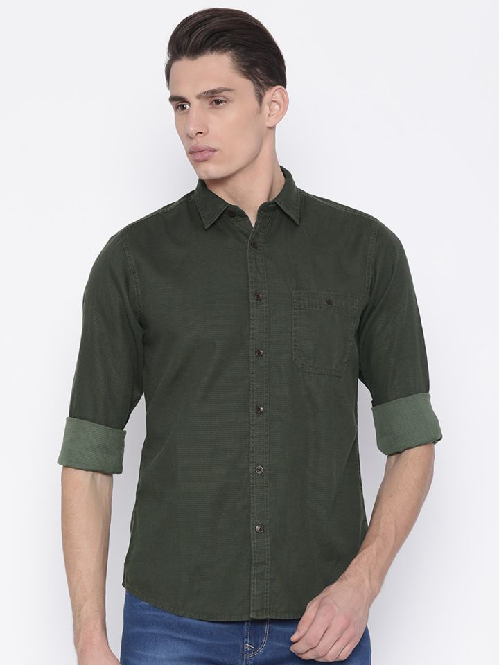 Pepe Jeans Men Olive Green Regular Fit Self Design Casual Shirt