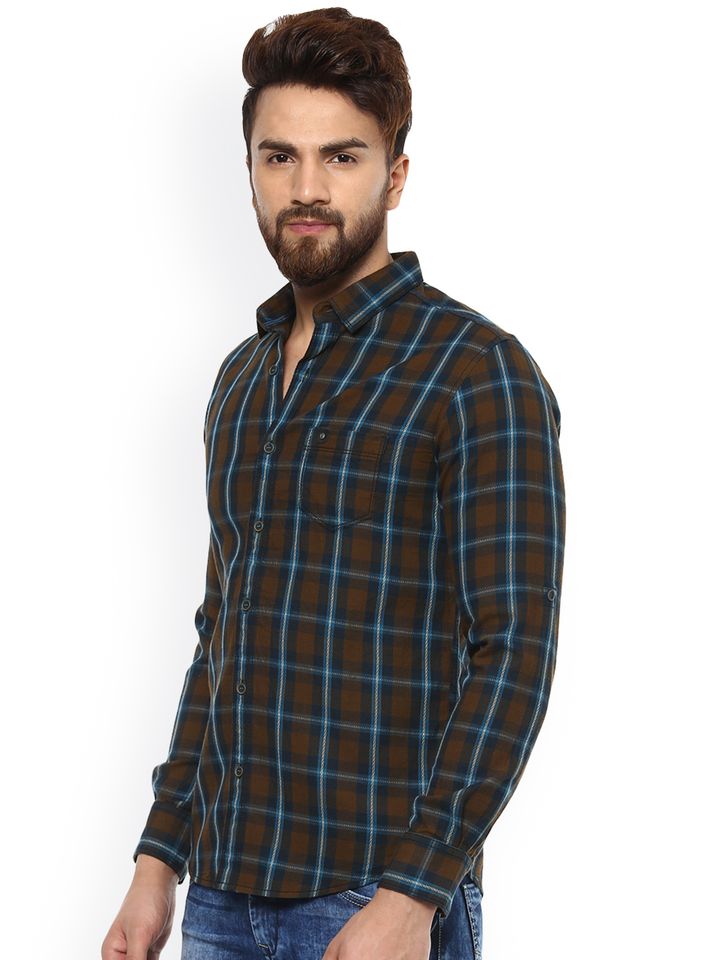 mufti mustard yellow checked casual shirt