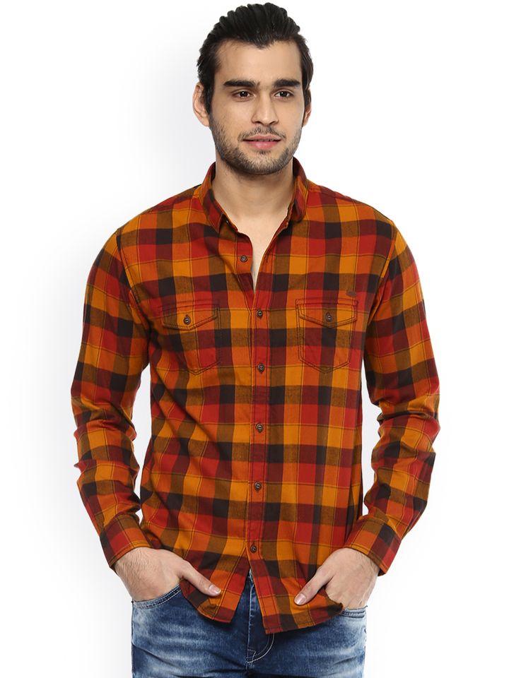 mufti mustard yellow checked casual shirt
