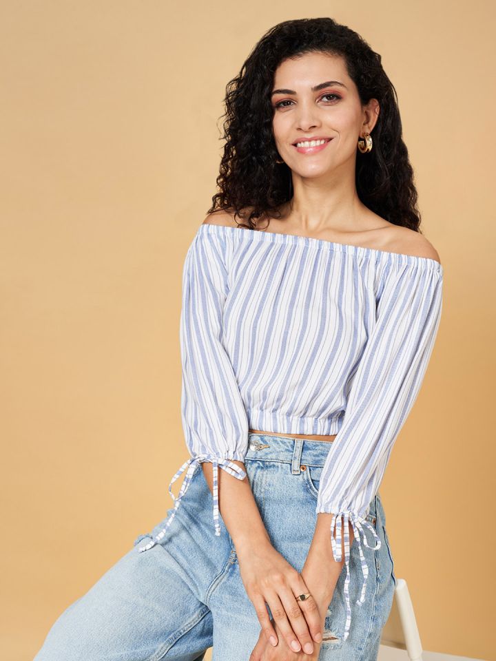 Yellow and white striped off the shoulder top top