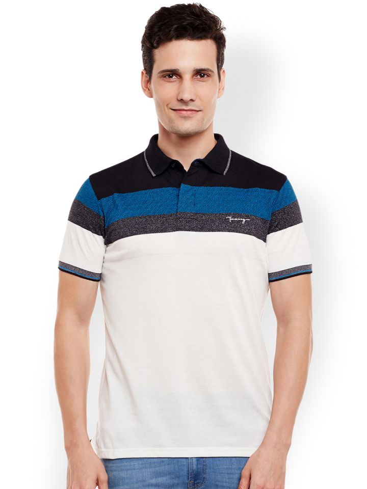 Taanz Men Navy White Striped Polo Collar Regular Fit T shirt