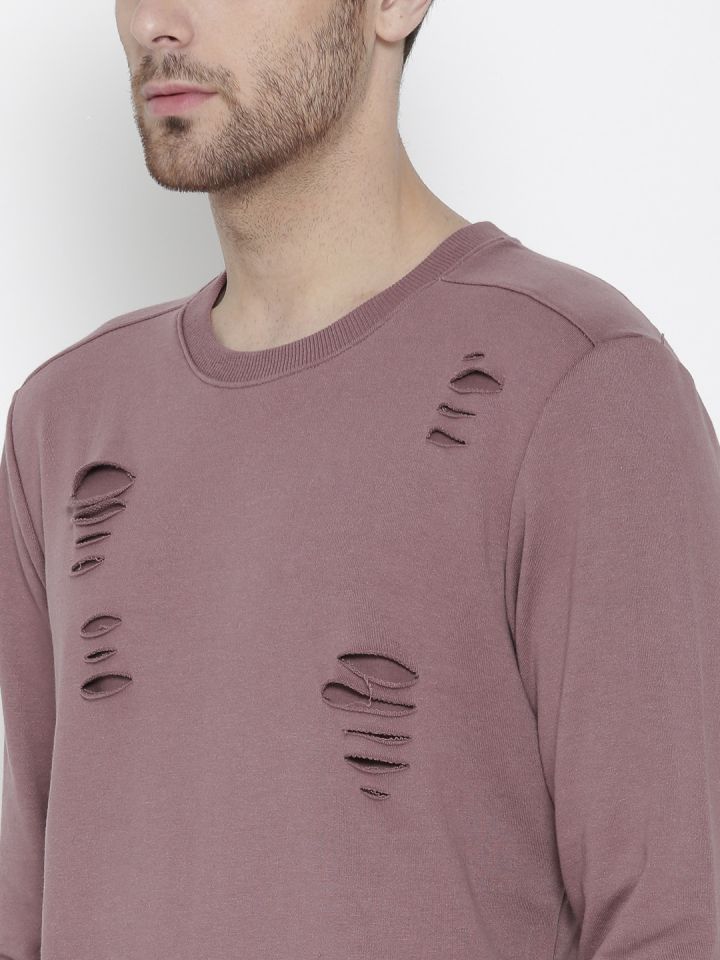 FOREVER 21 Men Mauve Solid Distressed Sweatshirt