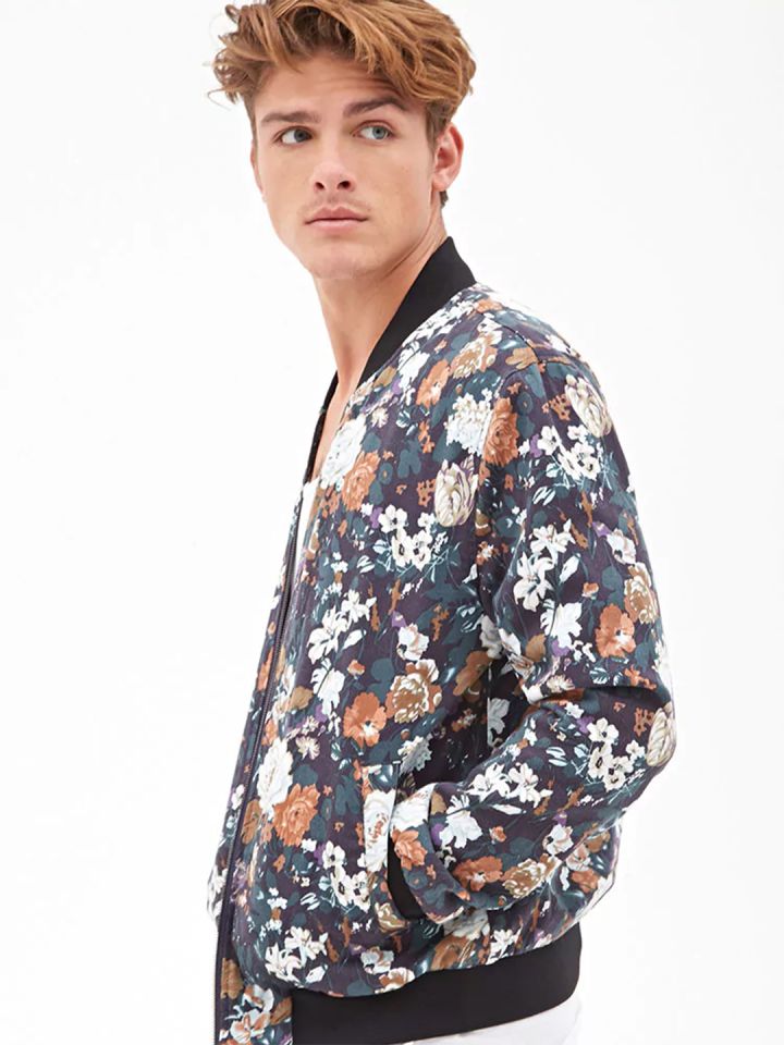 FOREVER 21 Men Navy Off White Floral Print Bomber Jacket