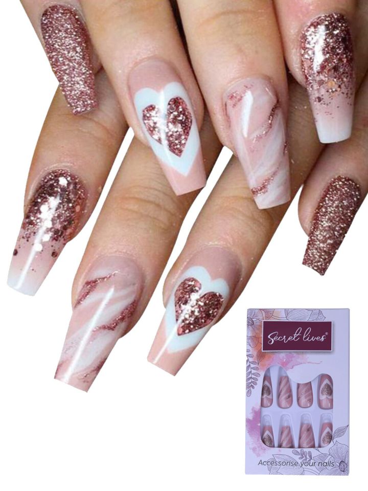Buy Secret Lives 24 Pieces Love Glitter Fake Nails Nail Art And