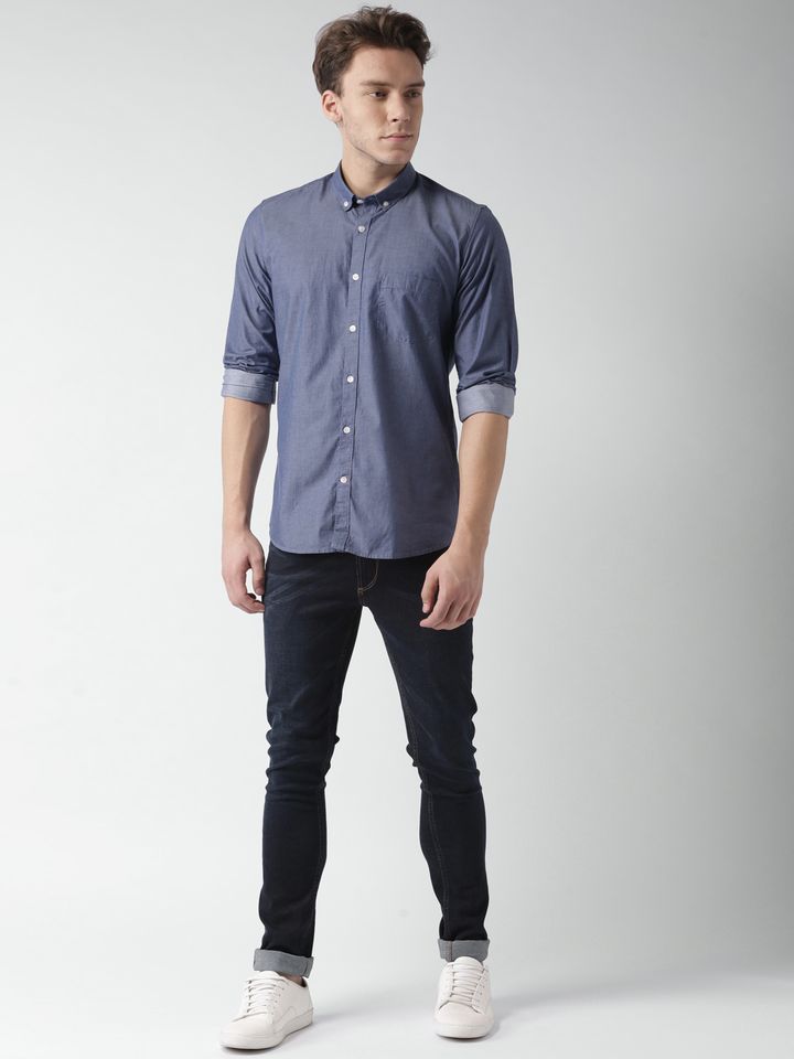 mast & harbour men blue regular fit solid casual shirt