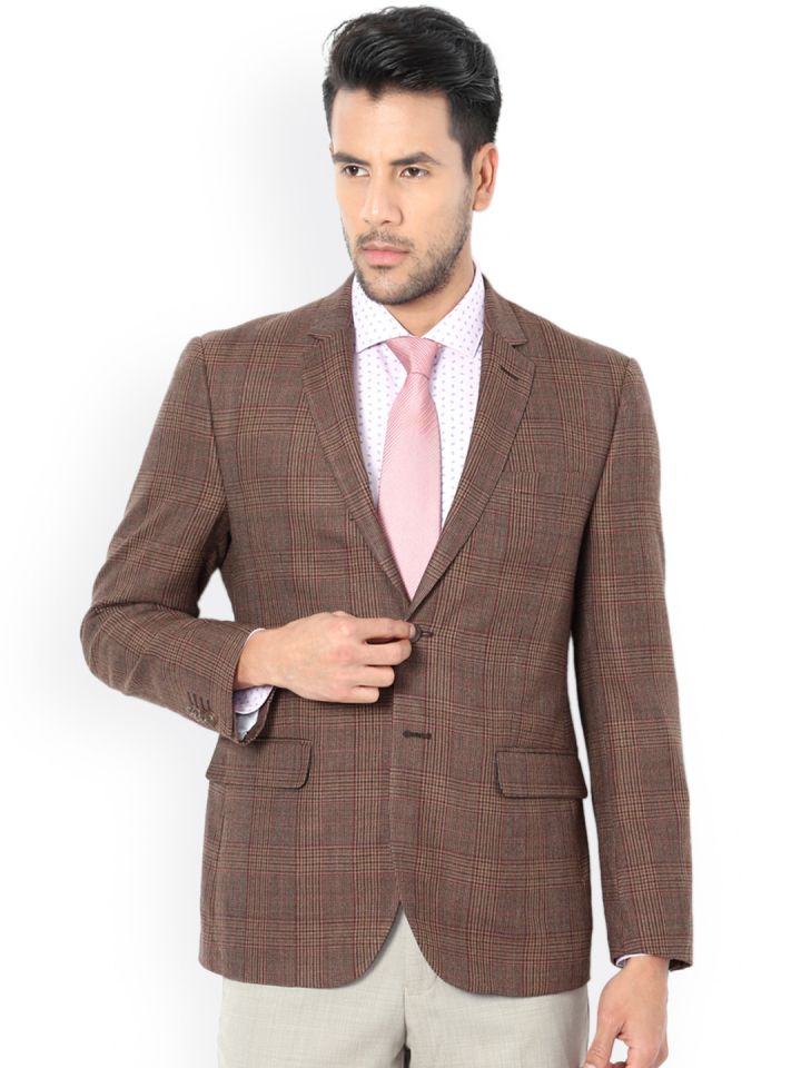 brown checkered single breasted formal blazer