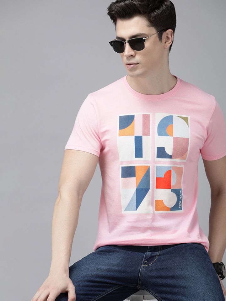 Buy Pepe Jeans - Men Slim Pure Tshirts Men Fit Myntra Blue T for | 21601004 & Typography Pink Cotton Shirt Printed