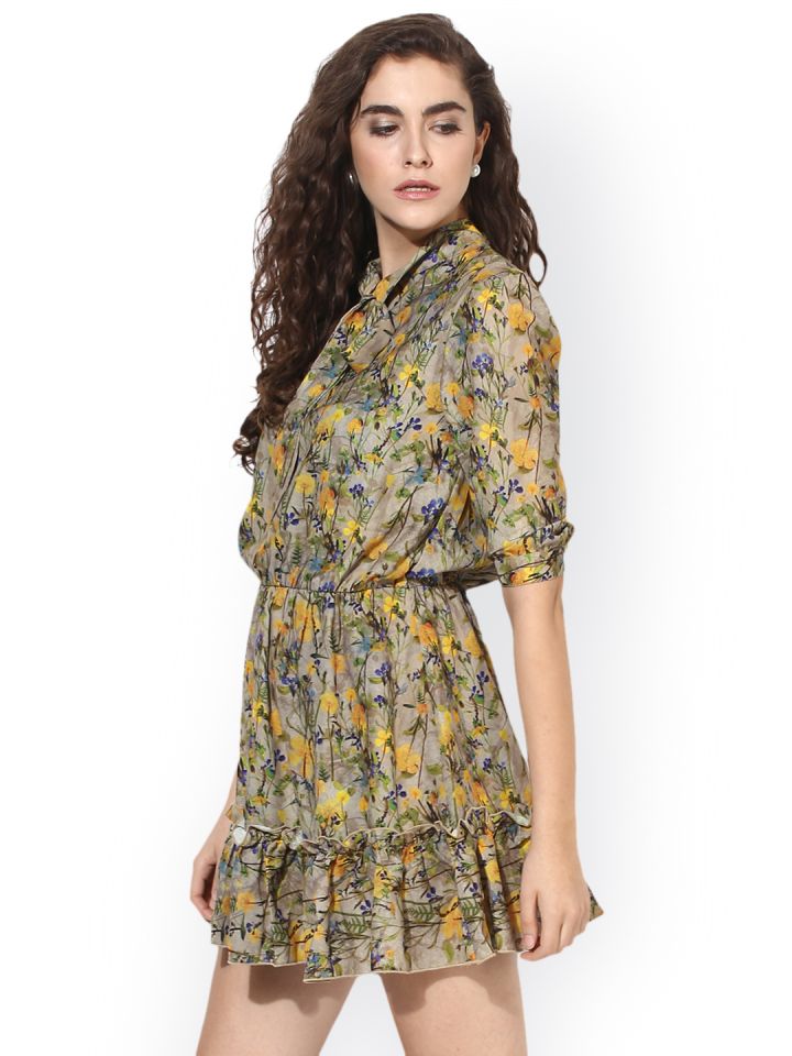 Buy Kazo Women Brown Printed Fit Flare Dress Dresses for Women