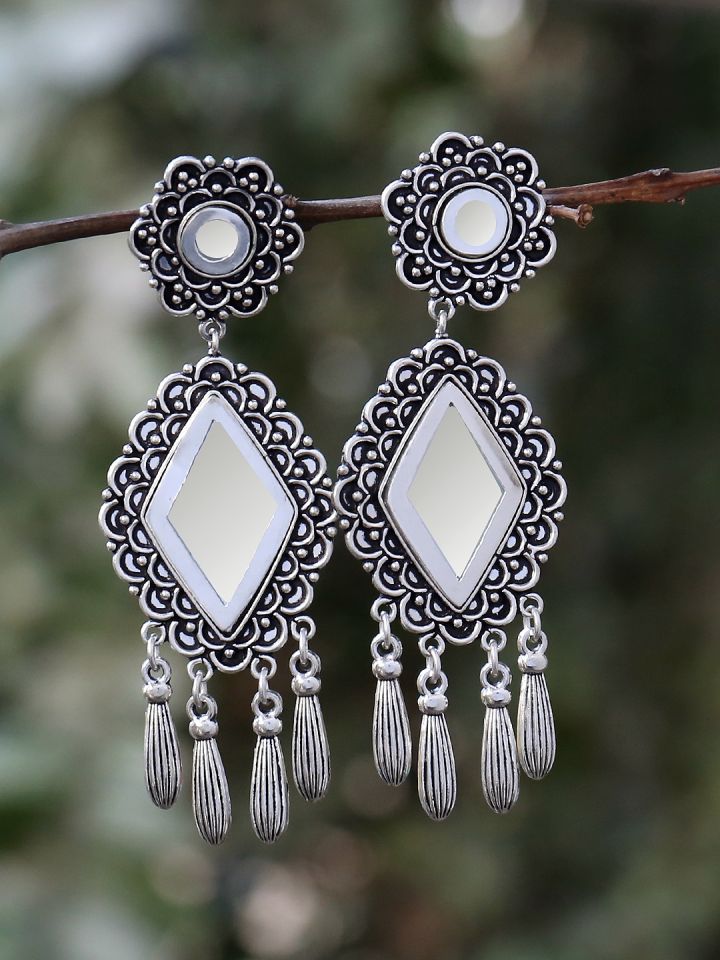 FIROZA Oxidised Silver Toned Handcrafted Mirror Work Drop Earrings