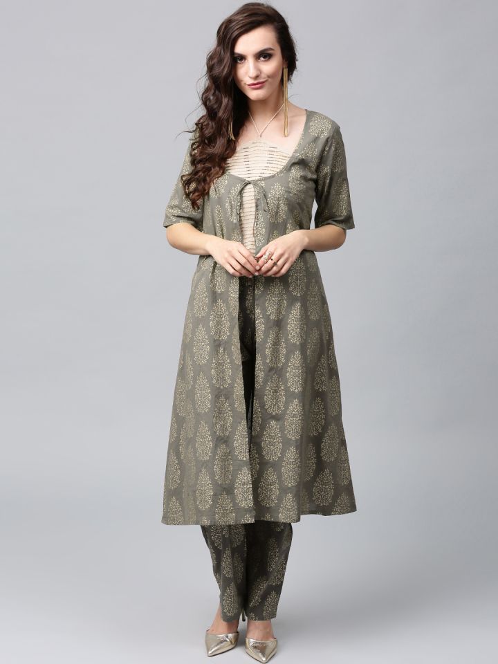 Buy AKS Women Grey Printed Longline Ethnic Tailored Jacket