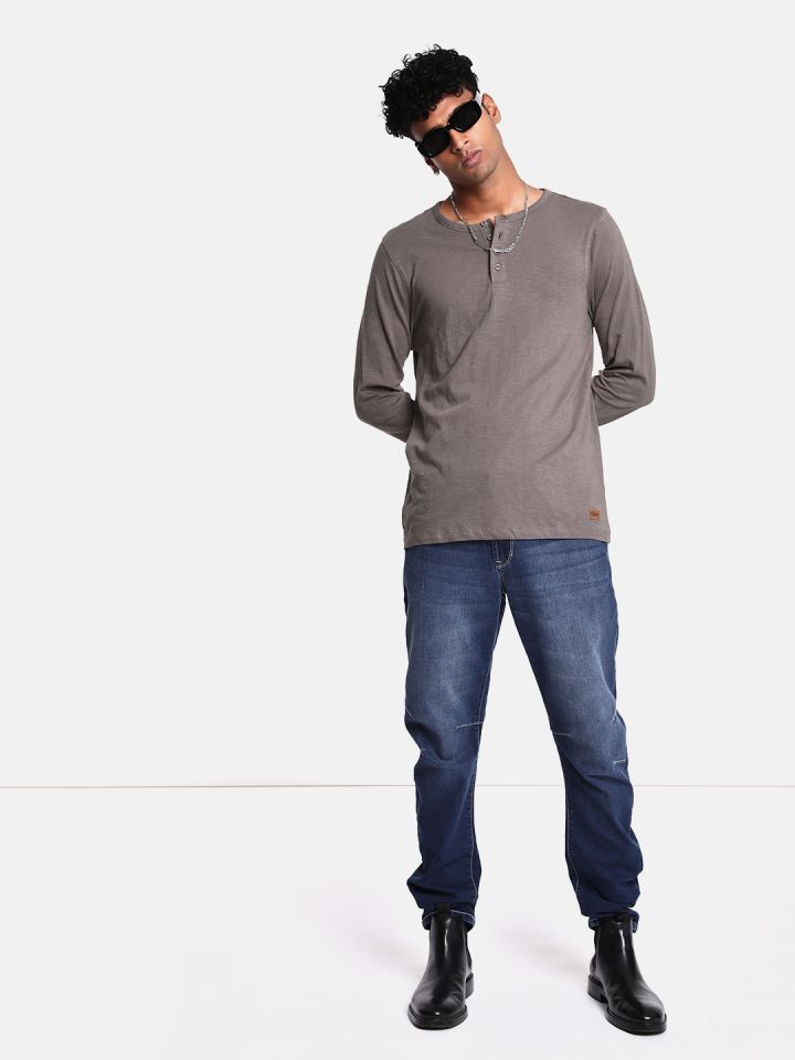 Buy The Roadster Lifestyle Co. Men Ash Grey Henley Neck Pure