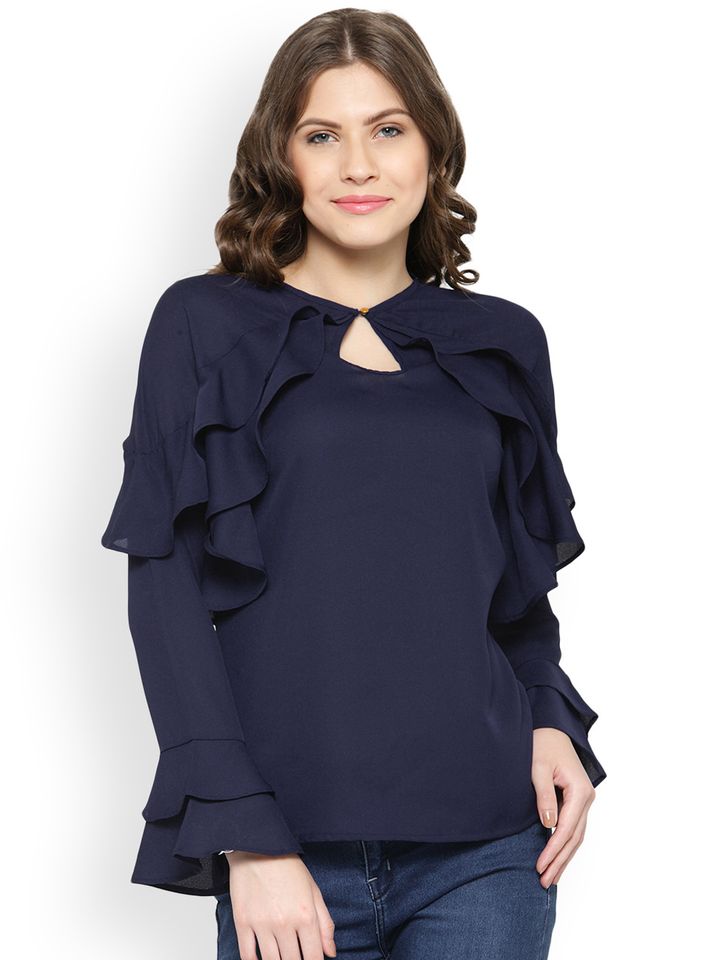 Navy blue ruffle shirt clearance