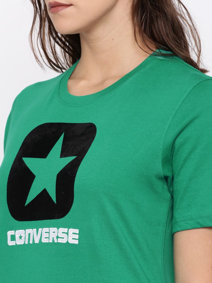 Converse Women Green Printed Pure Cotton T shirt