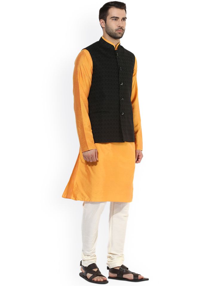 KISAH Men Yellow Black Solid Kurta with Churidar and Nehru Jacket