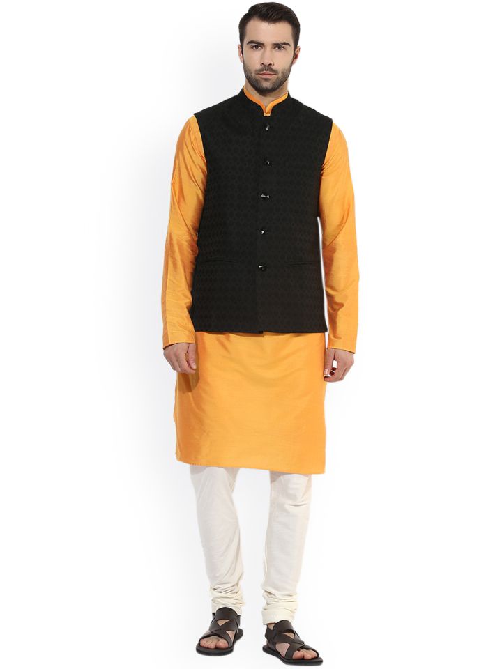 Black kurta pajama with yellow jacket sales
