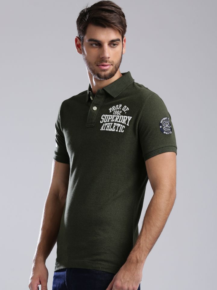Superdry Men Olive Green Embroidered Polo Collar Pure Cotton T shirt