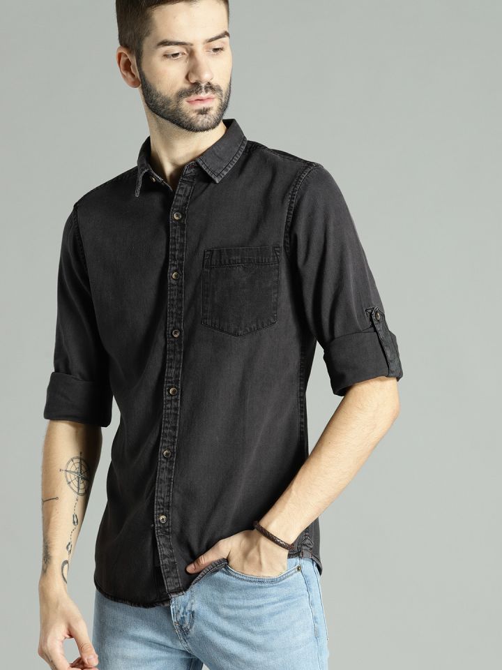 black denim button up shirt