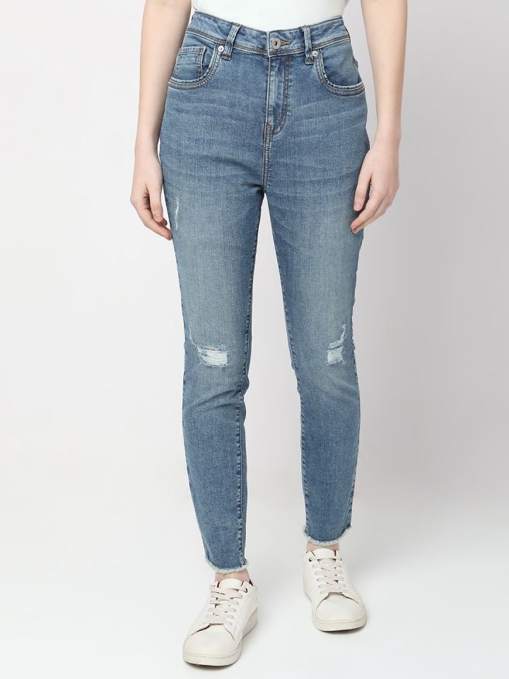 Vero Moda Women Skinny Fit High Rise Mildly Distressed Heavy Fade Cotton Jeans
