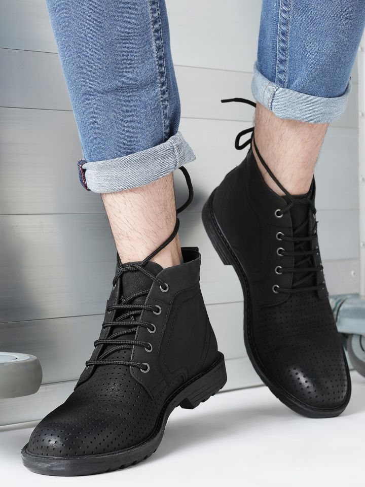 Buy Roadster Men Leather Black Perforations Mid Top Flat Boots