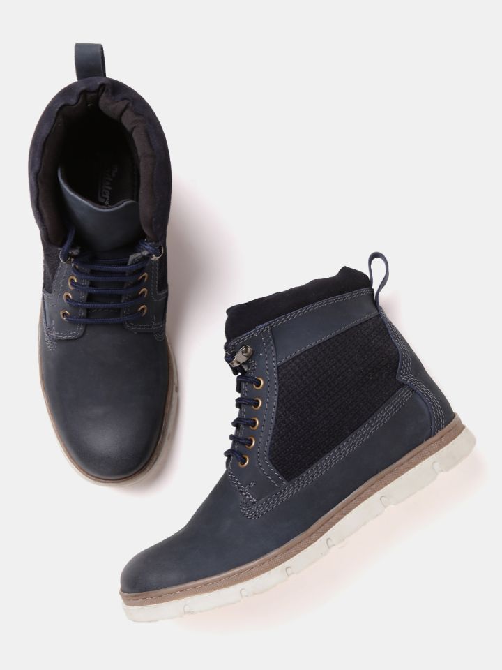 Roadster Men Leather Navy Blue Solid Leather Mid Top Flat Boots