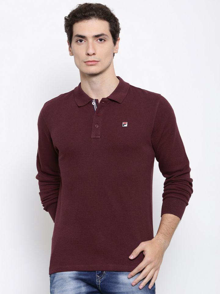 Buy FILA Men Burgundy Solid Polo Collar Pure Cotton T Shirt