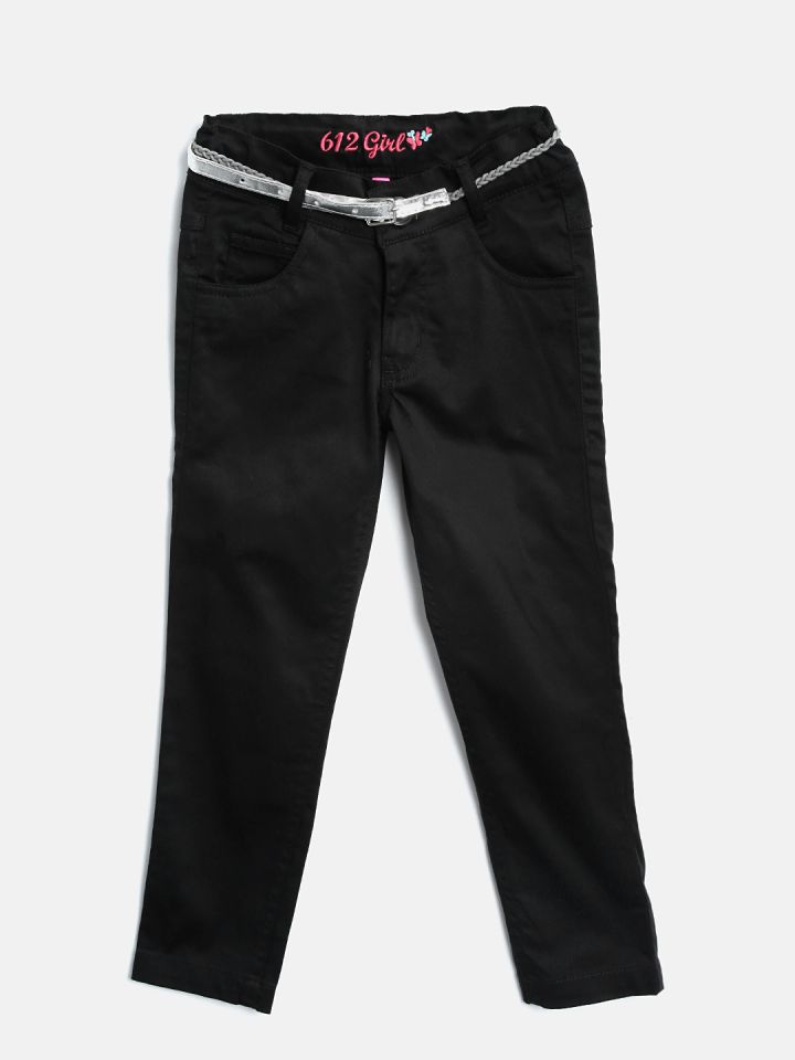 Buy 612 League Girls Black Solid Chinos Trousers for Girls