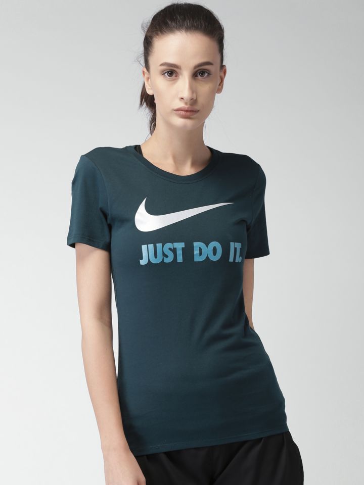 Nike Women Navy Blue Printed Round Neck Pure Cotton T shirt