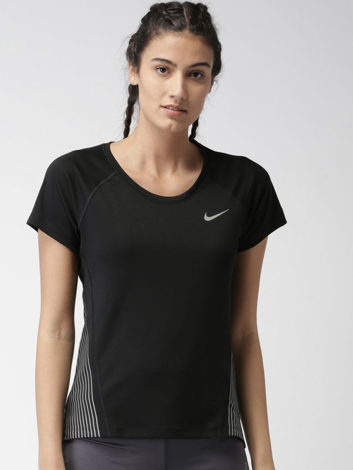 Nike Women Black Solid AS W NK DRY MILER Round Neck Running T shirt
