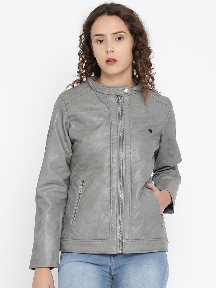 Buy Okane Women Grey Solid Biker Jacket Jackets for Women