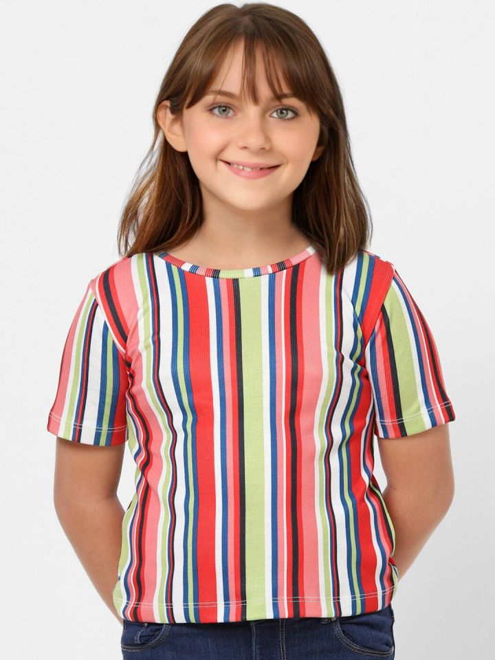 KIDS ONLY Girls Striped Round Neck Cotton T shirt