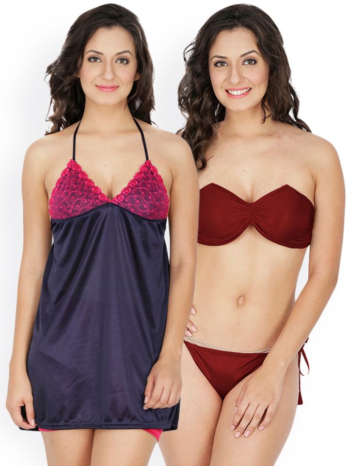 Buy Klamotten Navy Blue Maroon Nightdress Set 221M 208N