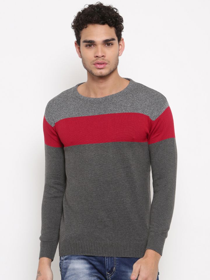 FIFTY TWO Men Grey Red Colourblocked Pullover