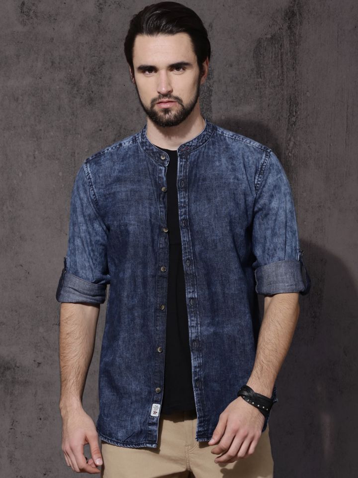 Buy Roadster Men Blue Regular Fit Faded Denim Shirt Shirts for