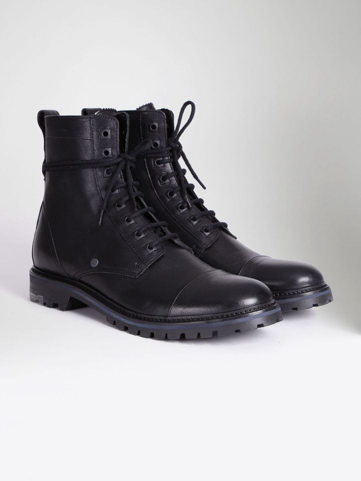 Buy BOSS Orange Men Black Solid Leather High Top Flat Boots
