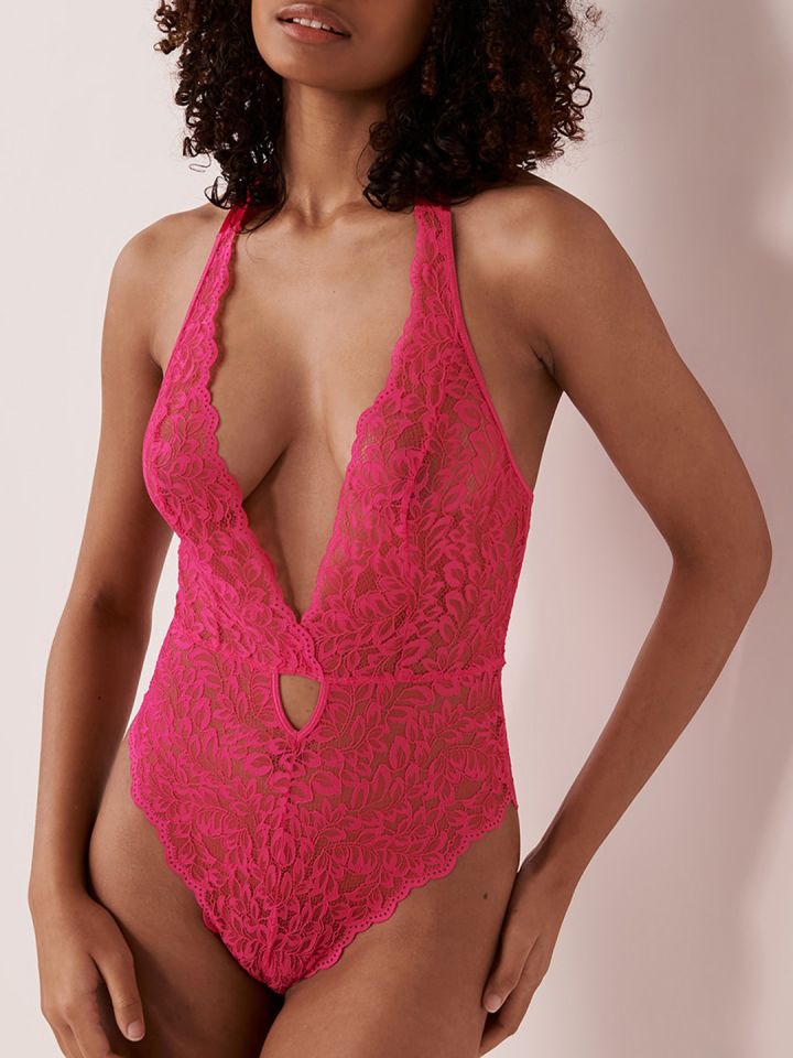  AMAATE Solid Skinny Bodysuit (Color : Hot Pink, Size