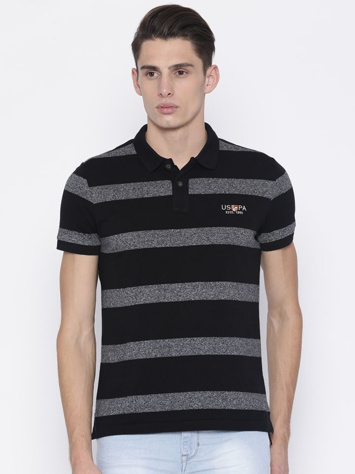 Buy U S Polo Assn Denim Co Men Black Grey Striped Polo T Shirt Tshirts For Men 2198311 Myntra