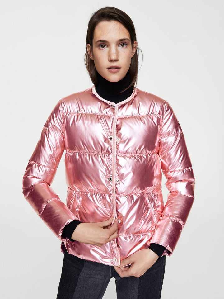 Women's collarless puffer clearance jacket