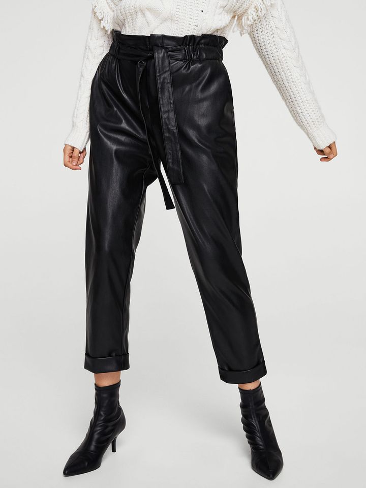 Solid Faux Leather Regular Trousers 