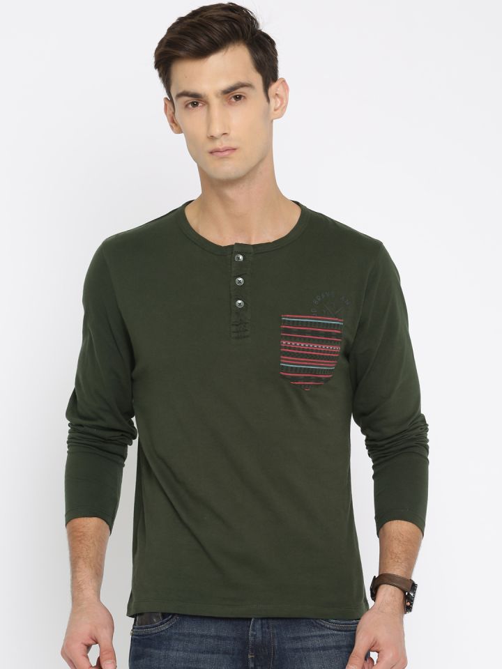 Buy Wrangler Men Olive Green Solid Henley Neck Pure Cotton T Shirt -  Tshirts for Men 2203561 | Myntra