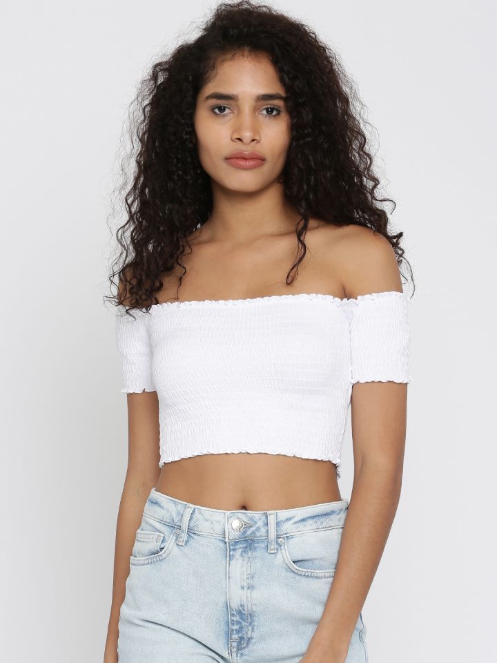 FOREVER 21 Women White Solid Bardot Crop Top