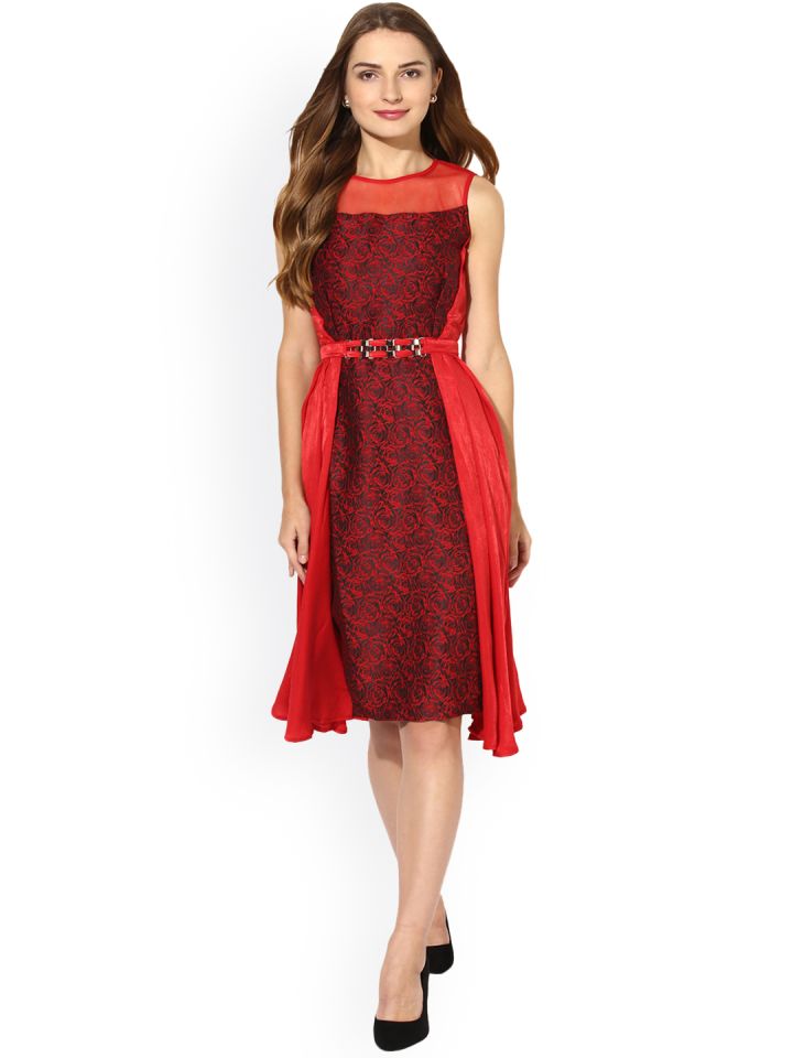 Buy Soie Women Red Self Design A Line Dress Dresses for Women