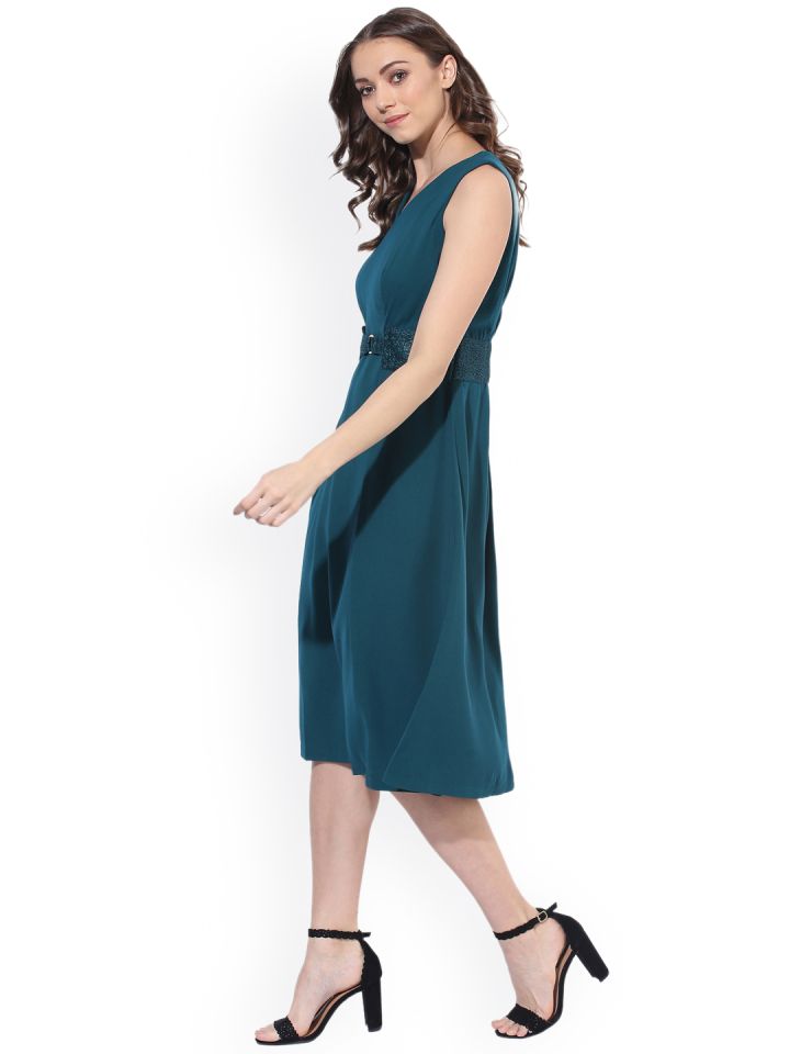 Buy Soie Women Teal Blue Solid Fit And Flare Dress Dresses for