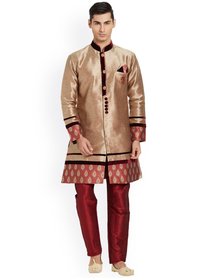 Buy UVAAM Men Gold Toned Maroon Woven Design Sherwani