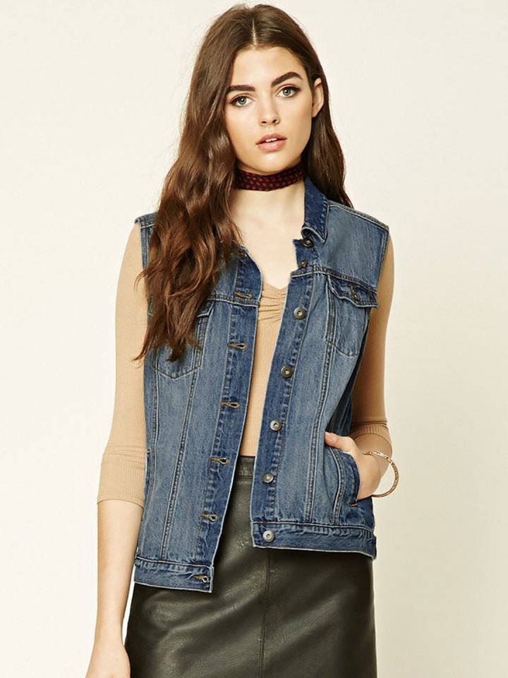 FOREVER 21 Women Blue Washed Sleeveless Denim Jacket