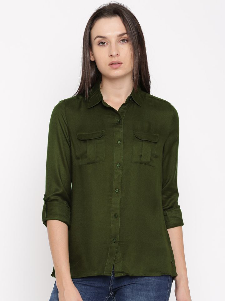 Flying Machine Women Olive Green Regular Fit Solid Casual Shirt