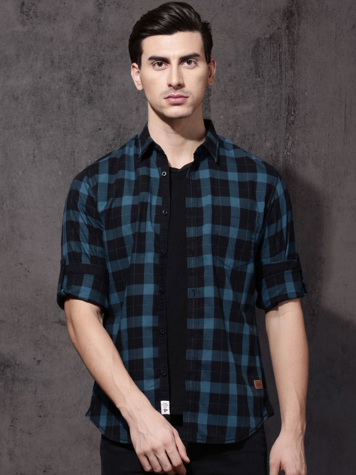 Buy Roadster Men Blue & Black Checked Sustainable Casual Shirt