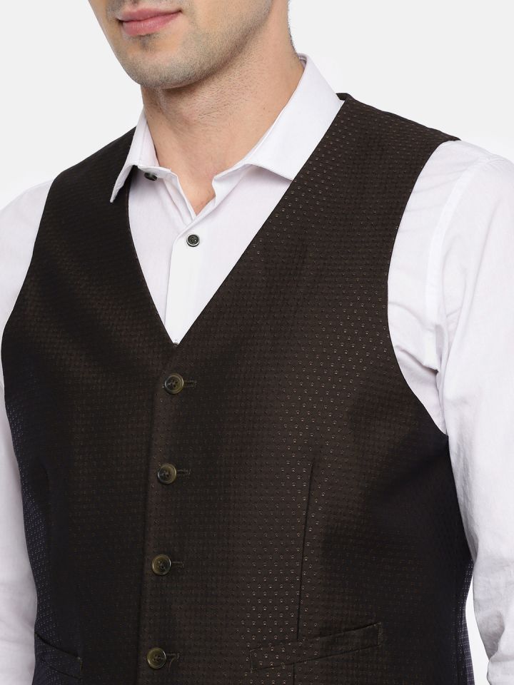 Theme Men Brown Self Design Waistcoat
