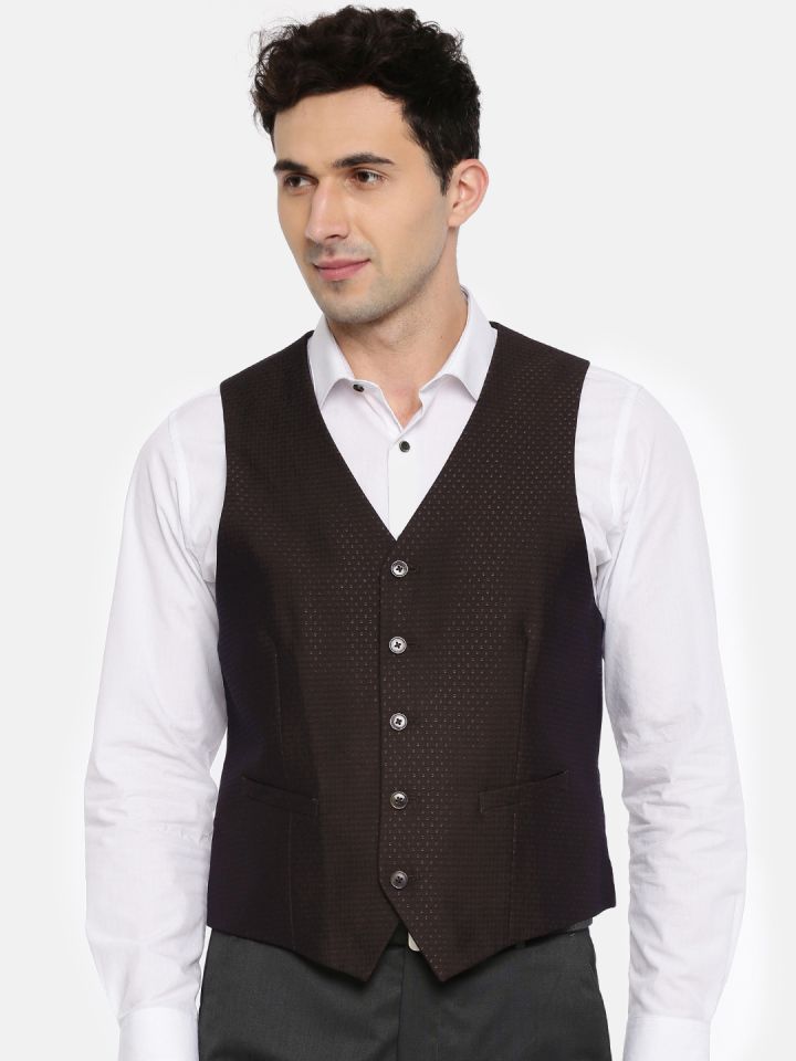 Theme Men Brown Self Design Waistcoat
