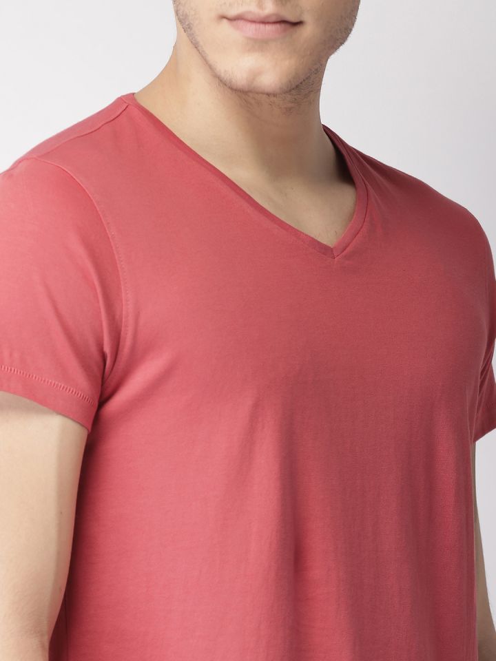 Buy Mast Harbour Men Coral Pink Solid V Neck Pure Cotton T Shirt